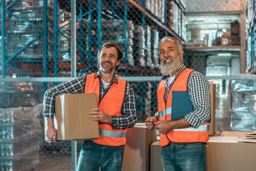 smiling workers with clipboard and box working together in warehouse